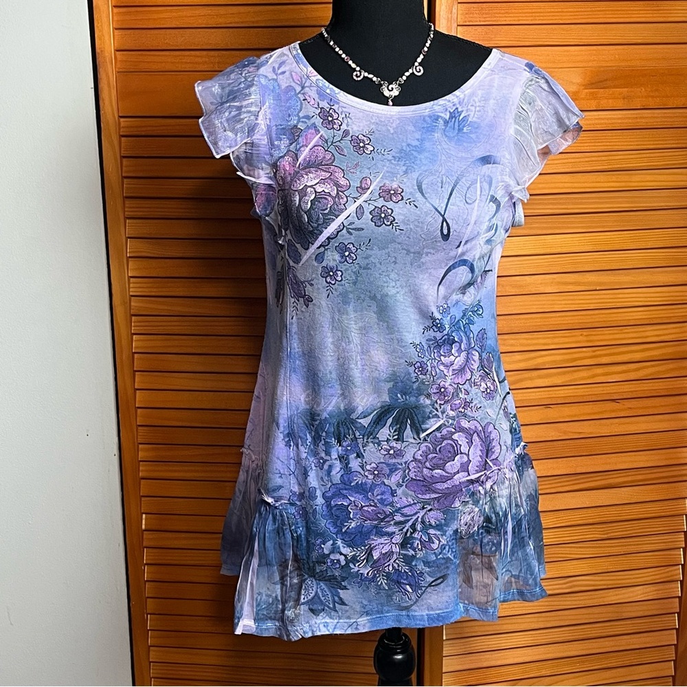 Purple and Blue Ruffled Tunic with Graphic Design